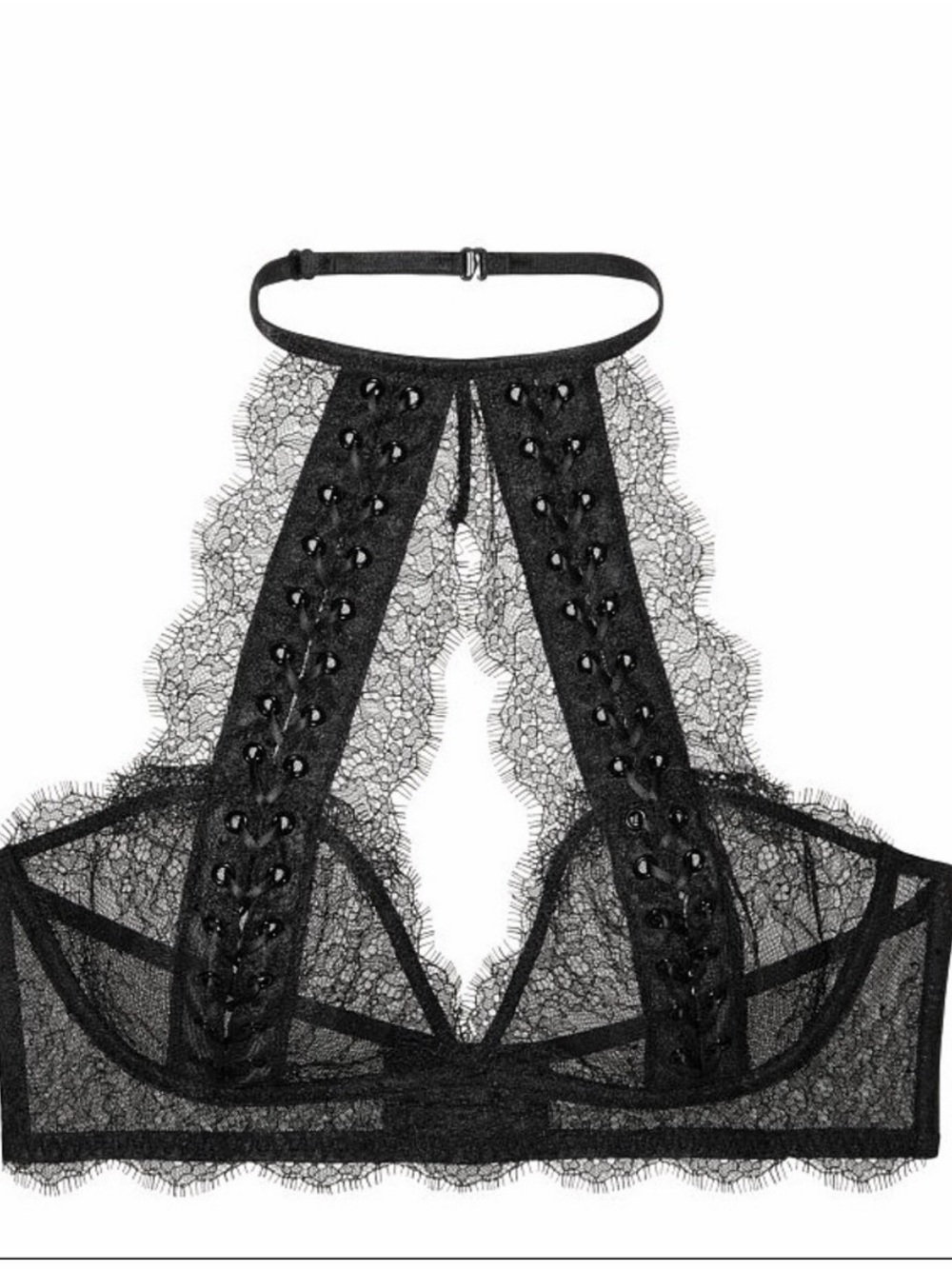 Victoria's Secret Black Lace Halter Bralette with Eyelet Detail